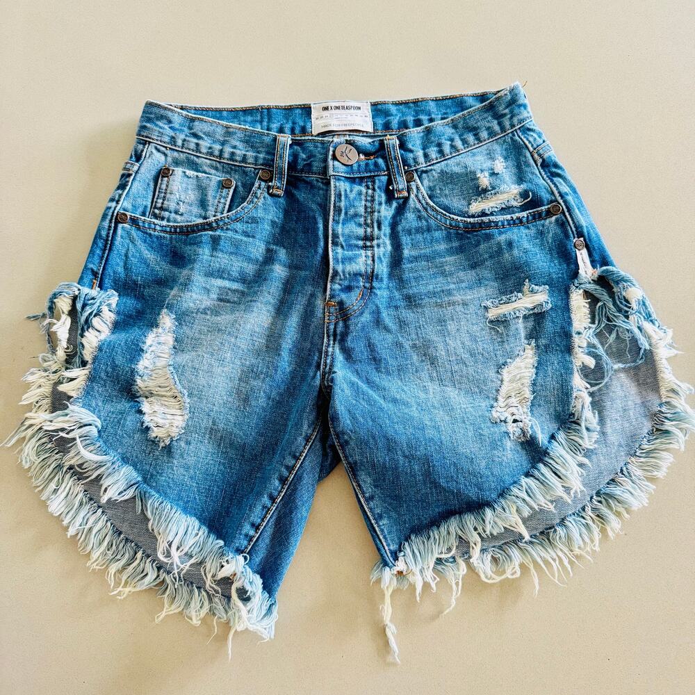 ONE TEASPOON Low Rise Frankies Distressed Blue Wash $138 Denim Cutoffs Short 25